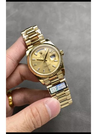 Rolex Day Date Super Clone Caja y Dial Oro Amarillo Reloj Marcadores Hora en Cristal 36MM - 1:1 Calidad Espejo