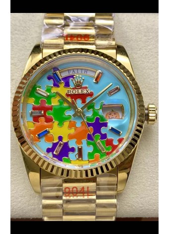 Rolex Day Date Emoji Jig-Saw Puzzle Oro Amarillo Casing Reloj Réplica Suizo 