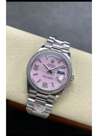 Rolex Day Date Super Clone Acero Inoxidable Dial Rosa Reloj Numerales Diamantes 36MM - 1:1 Calidad Espejo