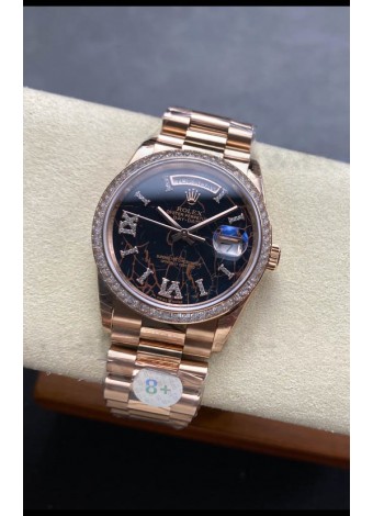 Rolex Day Date Super Clone Oro Rosado Dial Eisenkiesel Reloj Numerales Diamantes 36MM - 1:1 Calidad Espejo