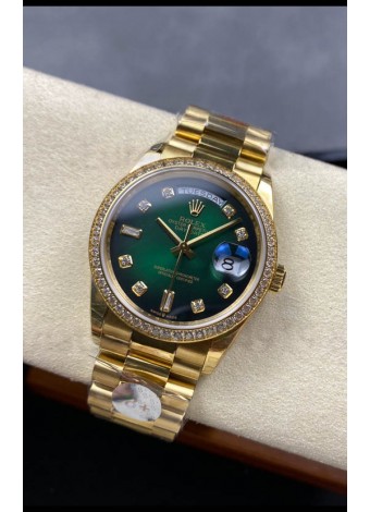Rolex Day Date Super Clone Dial Oro Amarillo Dial Verde Reloj Numerales Diamantes 36MM - 1:1 Calidad Espejo