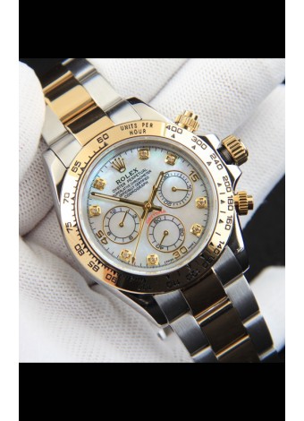 Rolex Daytona Movimiento Japonés Dos Tonos Caja de Oro Reloj en Dial Perla 