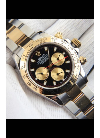 Rolex Daytona Movimiento Japonés Dos Tonos Caja de Oro Reloj en Dial Negro 