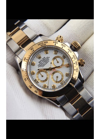 Rolex Daytona Movimiento Japonés Dos Tonos Caja de Oro Reloj en Dial Blanco 