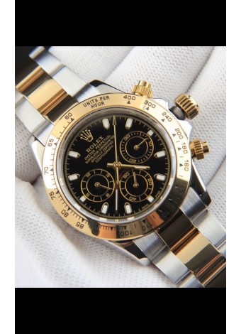 Rolex Daytona Movimiento Japonés Dos Tonos Caja de Oro Reloj en Dial Negro 