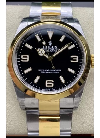 Rolex Explorer I Dial Negro - Oro Amarillo en Acero con Movimiento Suizo Automático 3230