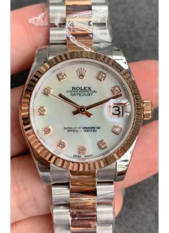 Rolex Datejust 31MM Movimiento ETA-2671 Reloj Réplica Suizo en Acero 904L Dial Perla Oyster Strap