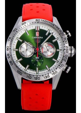 Tag Heuer Carrera Movimiento Cuarzo Suizo Reloj Réplica Dial Verde - Correa de Goma Roja