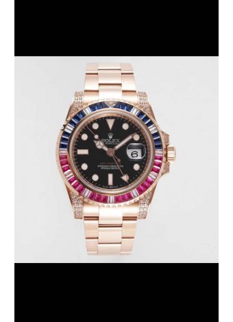 Rolex GMT Masters II Reloj Diamantes Suizos Caja en Acero 904L Oro Rosado - Calidad a Espejo 1:1