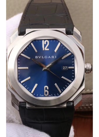 Bvlgari Edición Octo Roma Reloj Réplica a espejo 1:1 Caja en Acero 904L - Dial Azul Oscuro Correa de Piel