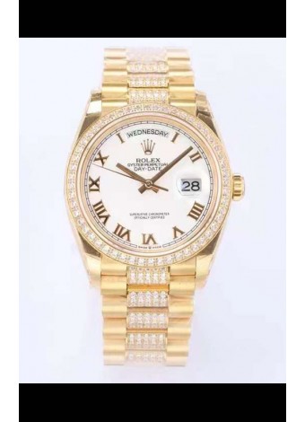Rolex Day Date Presidential Reloj Oro Amarillo 18K 36MM - Dial Blanco en Romanos Calidad a Espejo 1:1
