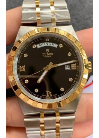 Tudor Reloj Edición Royal - Réplica Espejo 1:1 en Caja en Dos Tonos - Dial Diamantes Negro