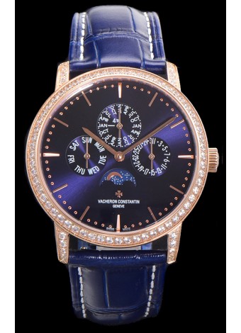 Vacheron Constantin Patrimony Perpetual Calendar Ultra-Thin Oro Rosado Dial Azul Réplica Suiza