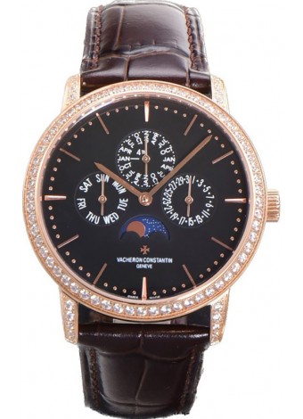 Vacheron Constantin Patrimony Perpetual Calendar Ultra-Thin Oro Rosado Dial Negro Réplica Suiza