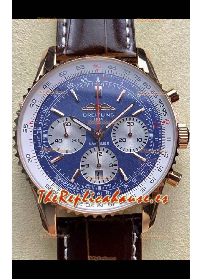 Breitling Navitimer B01 Chronograph 43 Dial Azul Caja chapada Oro Rosado  Réplica Suiza Espejo 1:1