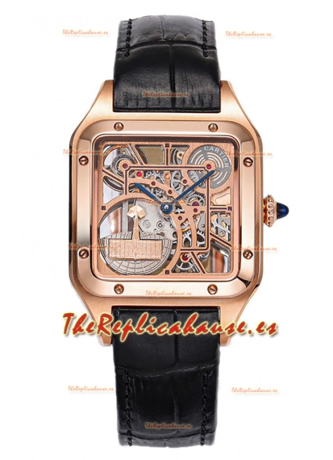 Cartier Santos Dumont Reloj Skeleton Oro Rosado Correa Piel Negra