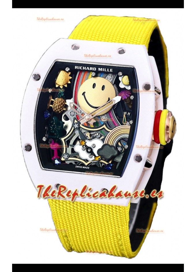 Richard Mille RM088 Reloj Réplica Tourbillon Smiley Caja Cerámica Blanca  Correa Nylon Amarilla