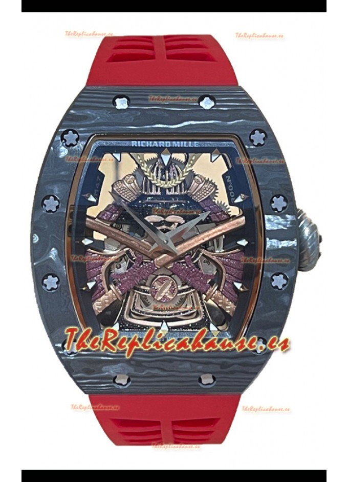 Richard Mille RM047 Samurai Reloj Genuino Tourbillon Caja Carbobono Correa  Roja