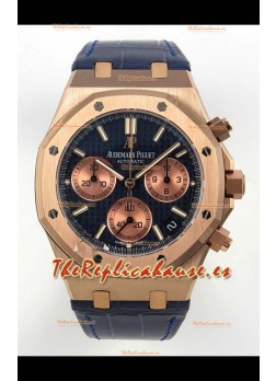 Reloj Royal Oak Chrono 26240, oro rosa, esfera azul, correa de cuero, superclon