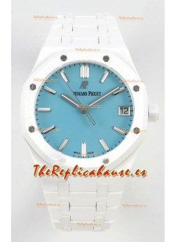 Reloj Royal Oak 15500 con esfera azul Tiffany y cerámica blanca, réplica perfecta