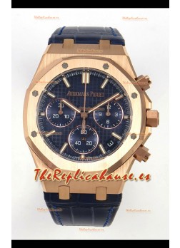 Reloj Royal Oak Chrono 26240, oro rosa, esfera azul, correa de cuero, superclon