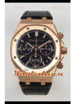 Reloj Royal Oak Chrono 26240, oro rosa, esfera negra, correa de cuero, superclon