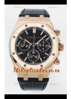 Reloj Royal Oak Chrono 26240, oro rosa, esfera negra, correa de cuero, superclon