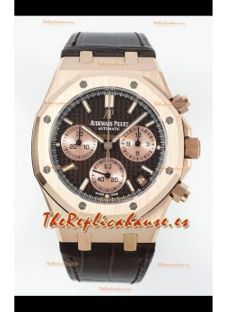 Reloj Royal Oak Chrono 26240, oro rosa, esfera marrón, correa de cuero, superclon