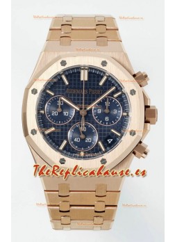 Reloj Royal Oak Chrono 26240 con correa de oro rosa y esfera azul, réplica de alta calidad