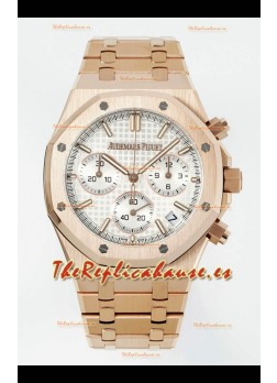 Reloj Royal Oak Chrono 26240 con correa de oro rosa y esfera blanca, réplica de alta calidad