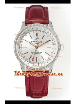 Reloj Navitimer automático 36 con esfera de acero y correa roja, réplica perfecta