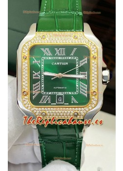 Reloj réplica suizo Cartier Santos De Cartier con esfera verde y diamantes, bicolor