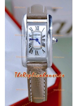 Reloj Cartier Tank Americaine de acero de 19,4 mm con correa beige y movimiento de cuarzo suizo