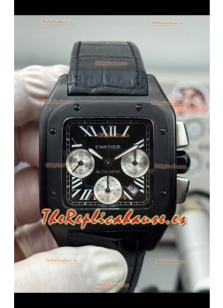 Reloj réplica suizo Cartier Santos 100 con revestimiento DLC, esfera negra y 44 mm