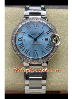 Reloj Ballon De Cartier automático con diamantes azul hielo y esfera de 36 mm, réplica exacta