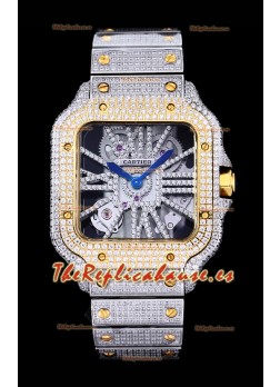 Reloj Cartier "Santos De Cartier" Skeleton con moissanita pavimentada, superclone