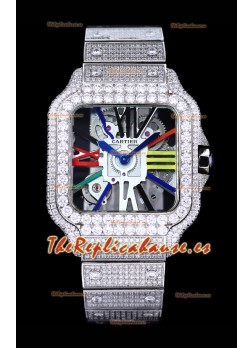 Reloj Cartier "Santos De Cartier" Skeleton con moissanita pavimentada, superclone