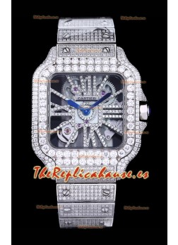 Reloj Cartier "Santos De Cartier" Skeleton con moissanita pavimentada, superclone