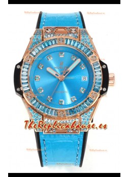 Reloj Hublot Big Bang One Click de moissanita, oro rosa, superclon con esfera azul