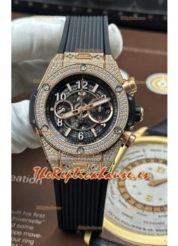 Reloj Hublot Big Bang Unico con caja de oro rosa y diamantes, réplica exacta de un superclásico
