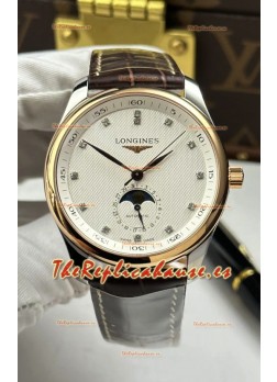 Reloj Longines Master Automatic Moonphase con esfera blanca y oro rosa, superclon
