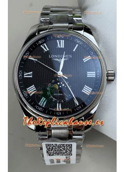 Reloj Longines Master Automatic Moonphase con esfera negra y caja de acero, superclon
