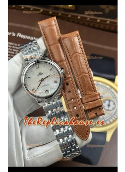 Reloj Omega De Ville automático de 34 mm con esfera perlada y caja de acero, réplica de alta calidad