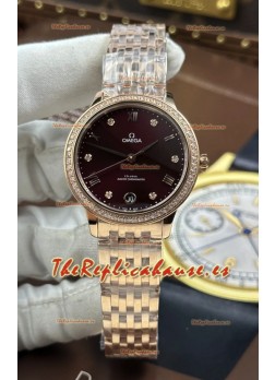 Reloj Omega De Ville automático 34 mm con esfera burdeos y caja de oro rosa, réplica de alta calidad