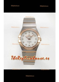 Reloj Omega Constellation Superclon de 28 mm, bicolor oro rosa, esfera perlada, cuarzo