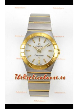 Reloj Omega Constellation Superclon de 28 mm, bicolor, oro amarillo, esfera perlada, cuarzo