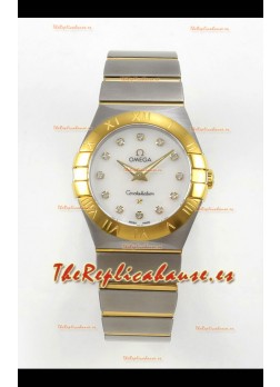 Reloj Omega Constellation Superclon de 28 mm, bicolor, oro amarillo, esfera perlada, cuarzo