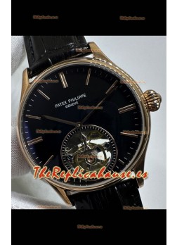 Reloj réplica japonés Patek Philippe Tourbillon de oro rosa con esfera negra