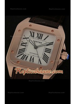 Cartier Santos 100 Reproducción Reloj Suizo de Oro Rosa - Esfera Blanca