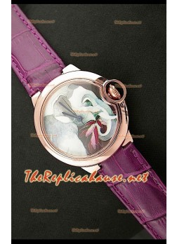 Ballon De Cartier Reloj de Oro Rosa con Esfera de Elefante y Correa Lila 